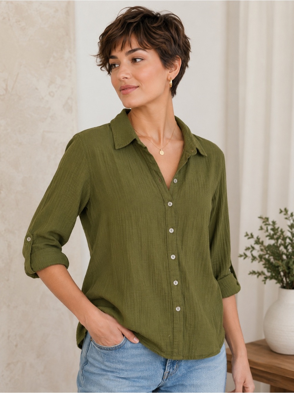 Magnolia Grace Olive Green Button Down Shirt Roll Tab Sleeves  Blouse Size Small